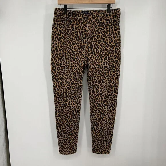 J.CREW 9" High Rise Skinny Jeans Size 32 Waist Exposed Button Fly Leopard Print - Picture 1 of 15